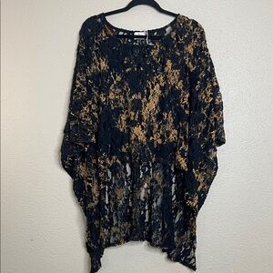 Blue Buttercup Women’s Sheer Lace Tunic Top Kimono Black Gold Tie-Dye Look Sz S